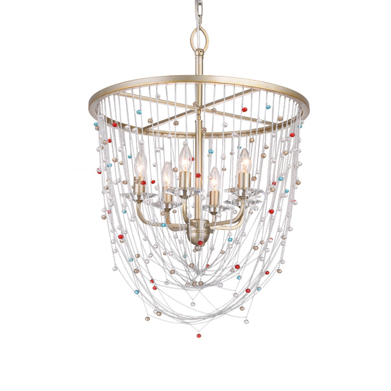 Modern Metal Living Room Chandelier With Crystal Bead Strand Decor Gold Finish 4-Light Candle Style