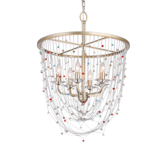 Modern Metal Living Room Chandelier With Crystal Bead Strand Decor Gold Finish 4-Light Candle Style