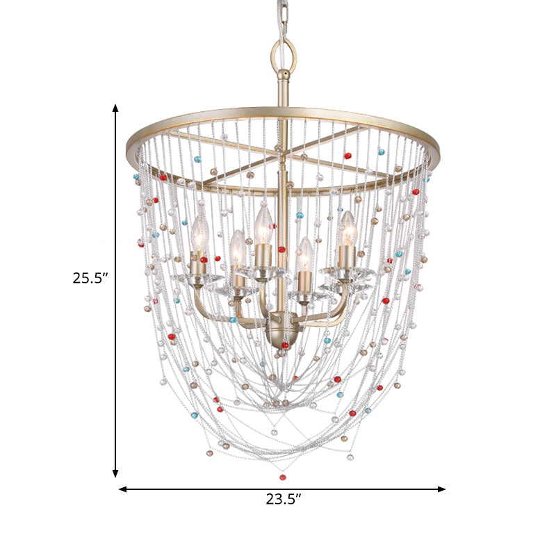 Modern Metal Living Room Chandelier With Crystal Bead Strand Decor Gold Finish 4-Light Candle Style