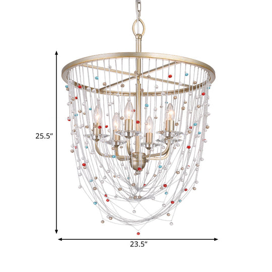 Modern Metal Living Room Chandelier With Crystal Bead Strand Decor Gold Finish 4-Light Candle Style