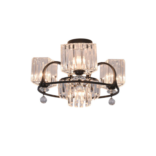 Modern Crystal Trapezoid Light Fixture - 4/8 Bulb Dining Room Semi Flush With Sleek Black Frame