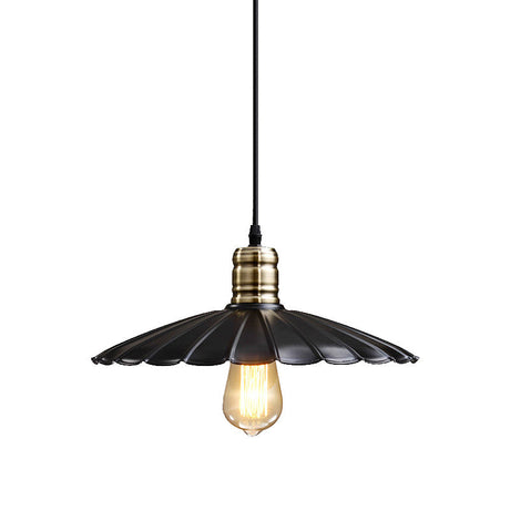 Vintage Scalloped Iron Pendant Light Fixture - 1-Light Adjustable Cord Black/White 10/12 Wide