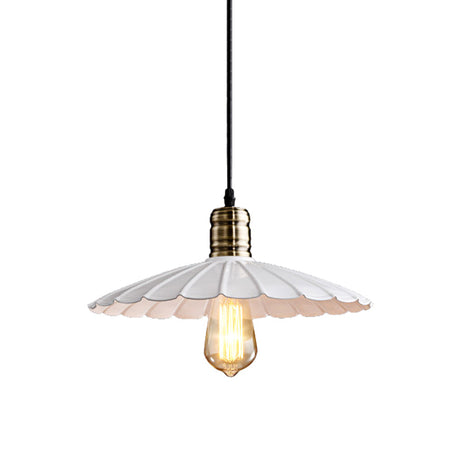 Vintage Scalloped Iron Pendant Light Fixture - 1-Light Adjustable Cord Black/White 10/12 Wide