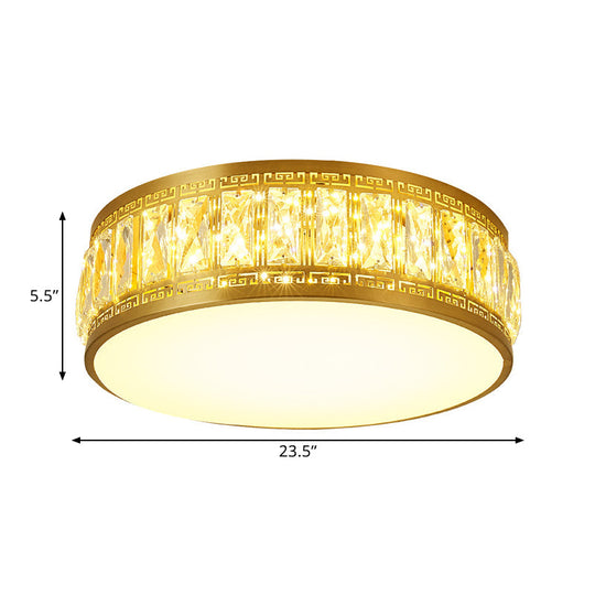 Modern Led Drum Flush Mount Lamp - Gold Finish Rectangular - Cut Crystals 19.5’/23.5’ Width