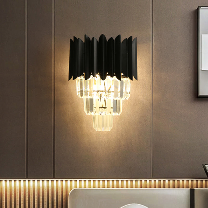 Modern Black Wall Sconce With Tapered Bulbs Clear Crystal Prisms - Flush Mount