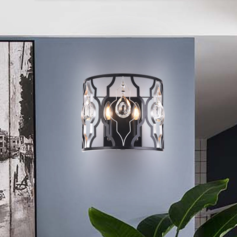 Modern Metal Frame Black Wall Sconce With Crystal Droplets - Half-Cylinder Design 2 Heads