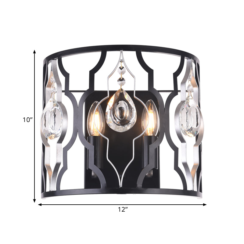 Modern Metal Frame Black Wall Sconce With Crystal Droplets - Half-Cylinder Design 2 Heads