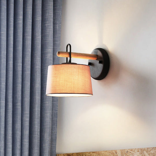 Modern Grey Drum Shade Wall Lamp With Fabric - Bedroom Lighting Fixture