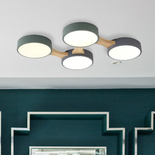 Nordic Wood And Metal Flush Ceiling Light - Round Grey Shade 3/4/5 Lights Ideal For Bedroom