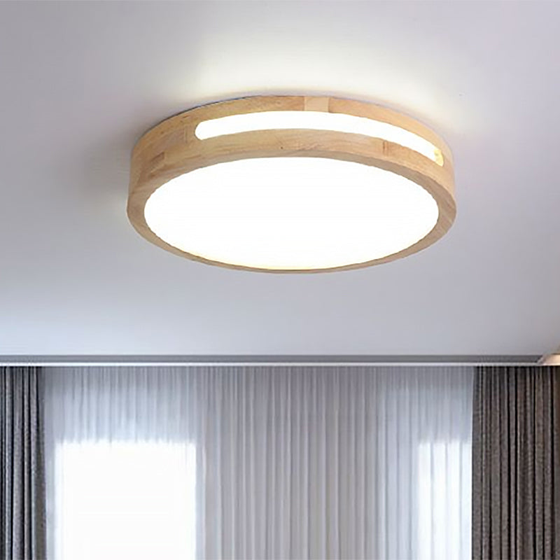 Nordic Led Flush Ceiling Light With Natural Wood Drum Design Warm/White Lighting