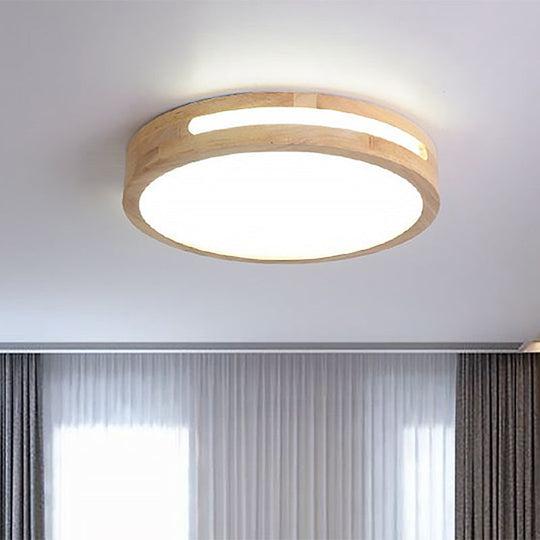 Nordic Led Flush Ceiling Light With Natural Wood Drum Design Warm/White Lighting 12/16/19.5 Diameter