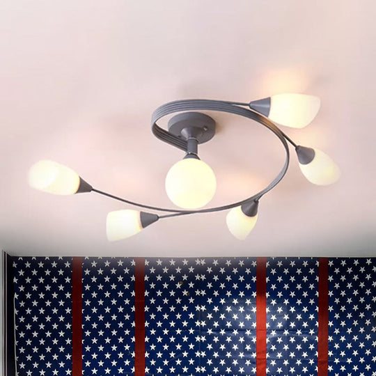 Curly Semi Flush Mount Ceiling Lamp With Nordic Iron & White Glass Shade - 4/6 Head Options In Grey