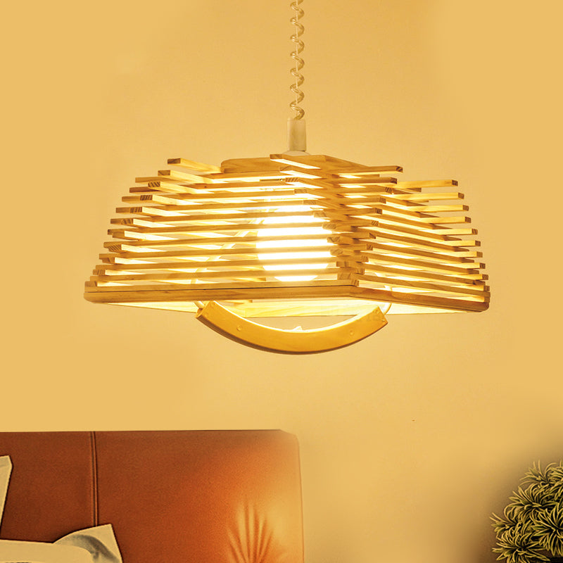 Modernist Beige Tapered Pendant Light With Wood Shade
