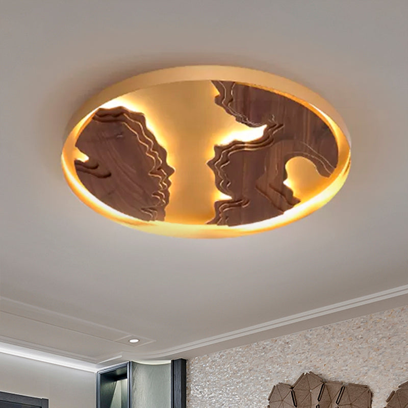 Contemporary Wood Gold/White Round Led Flush Mount Lamp For Living Room Ceiling - 16/19.5/23.5