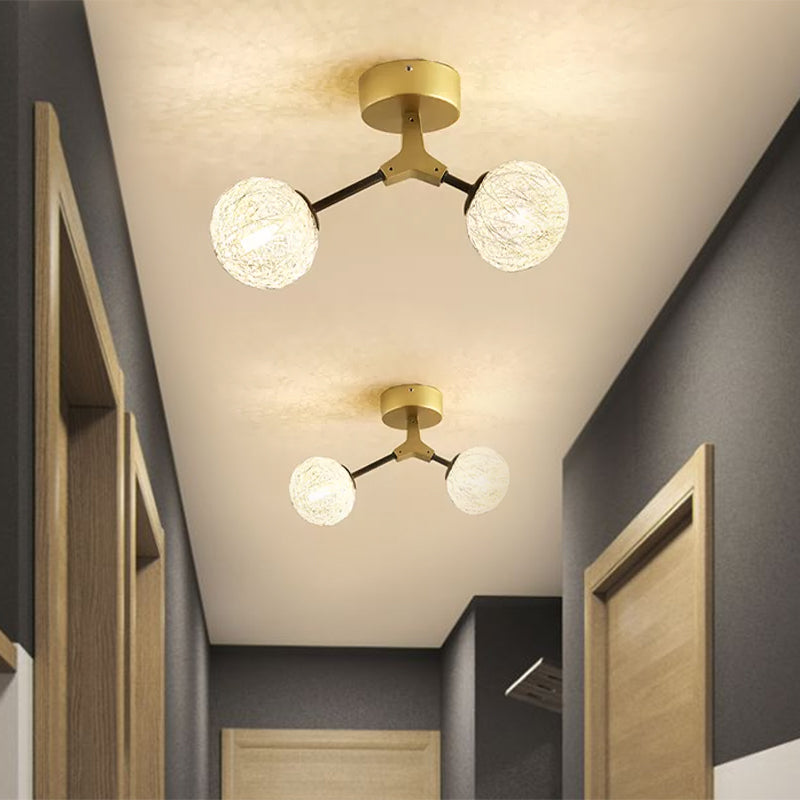 Gold Finish Handwoven Ball Semi Flush Light Fixture - Modern Ceiling Mount