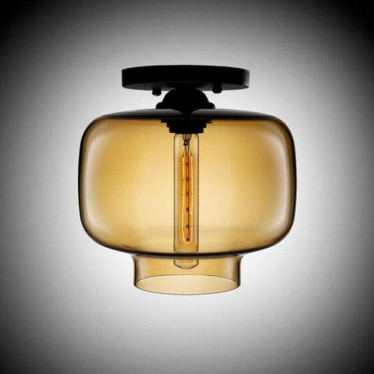 Modern Multi-Colored Lantern Flushmount Light With Glass Shade - Black Finish