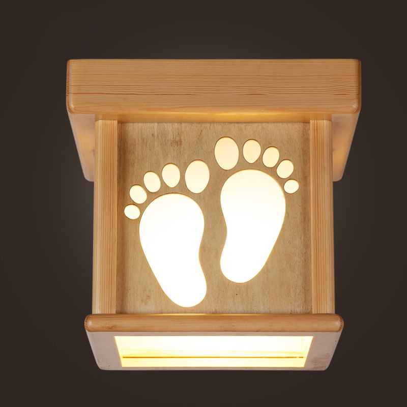 Nordic Wood Square Close To Ceiling Light - 10’ W Flush Mount Fixture With Footprints For Dining