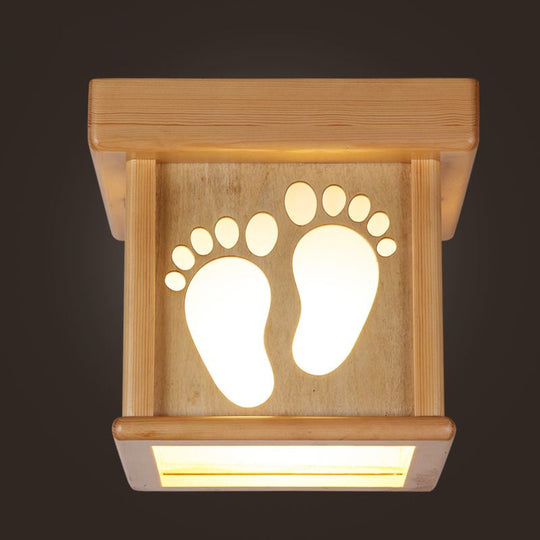 Nordic Wood Square Close To Ceiling Light - 10 W Flush Mount Fixture With Footprints For Dining Room