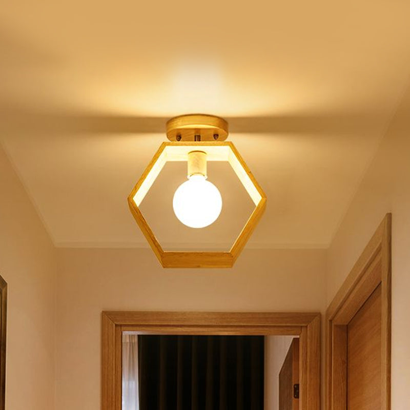 Modern Wood Semi Flush Mount Light - Triangle/Square/Pentagon Shape With White Glass 1 Head Ceiling
