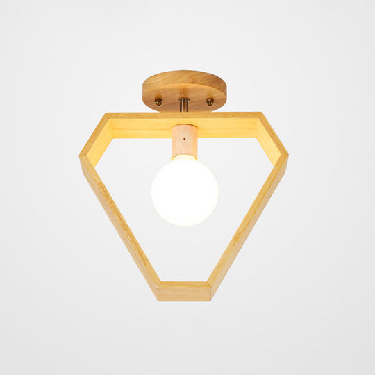 Modern Wood Semi Flush Mount Light - Triangle/Square/Pentagon Shape With White Glass 1 Head Ceiling