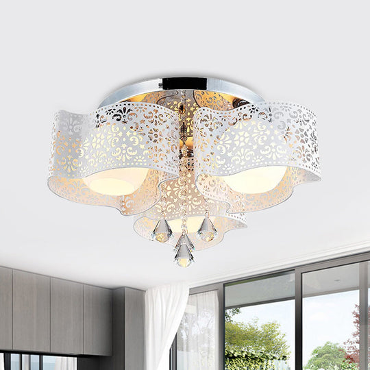 Modernist Crystal Ceiling Lamp With Etched Flower Design 3/5 Lights Opal Glass Ball Shade