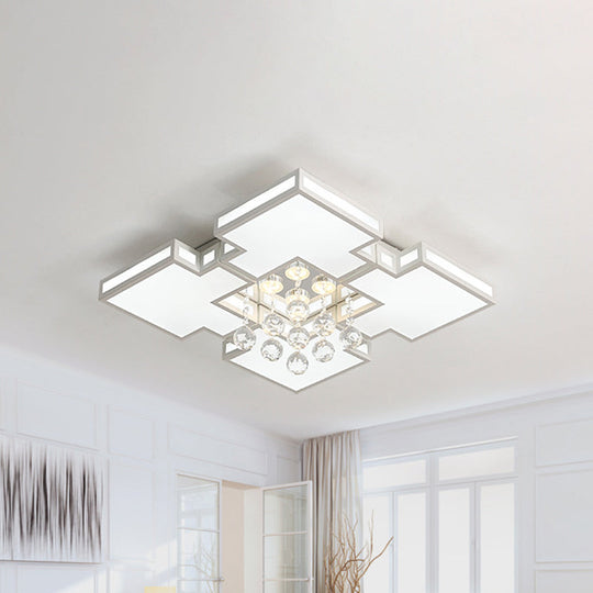 Geometric Ceiling Lamp With Integrated Led And Crystal Ball Accent - 19.5’/23.5’ Wide White
