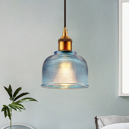Stylish Grid Glass Pendant Light - Traditional 1 Head Hanging Lamp Cup Shade For Living Room And