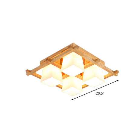 Japanese Style Wooden Checkerboard Flush Mount Ceiling Light In Beige For Study Room