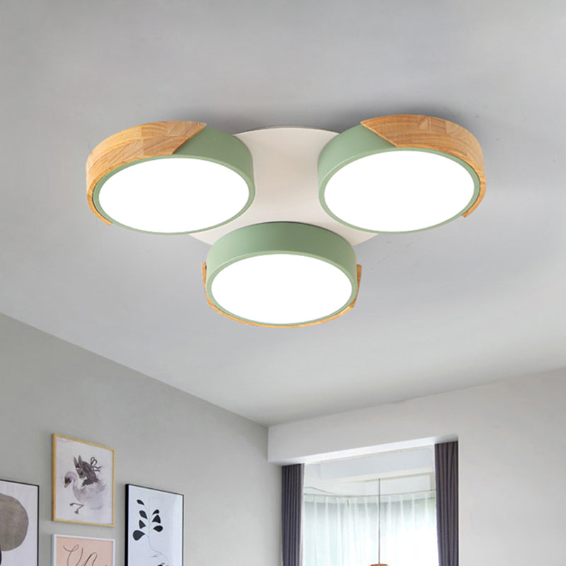 Modern Led Flush Ceiling Light - Nordic Style 3 - Drum Shade Metal Fixture In Green/White For Porch