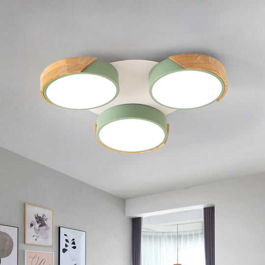Modern Led Flush Ceiling Light - Nordic Style 3 - Drum Shade Metal Fixture In Green/White For Porch