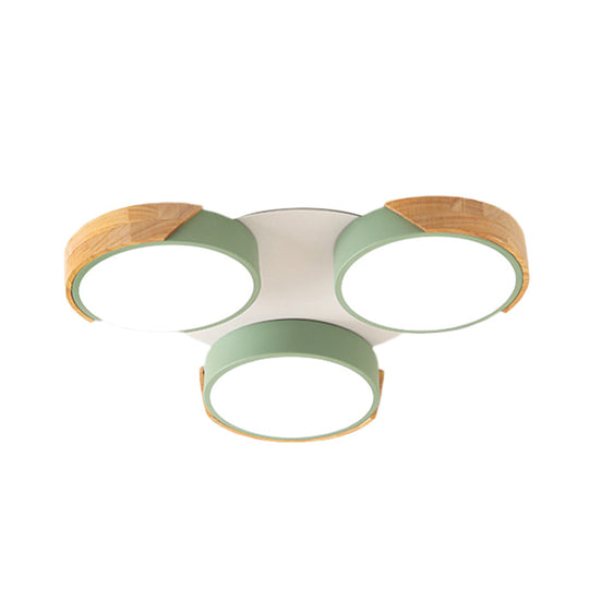 Modern Led Flush Ceiling Light - Nordic Style 3 - Drum Shade Metal Fixture In Green/White For Porch