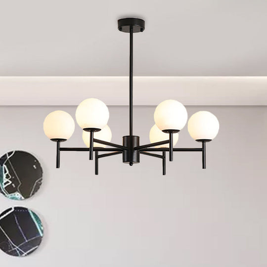 Lustre Globe Contemporain Noir/Or avec Design Radial - 6/8/9 Lumières, Lampe à Suspension en Verre de Lait