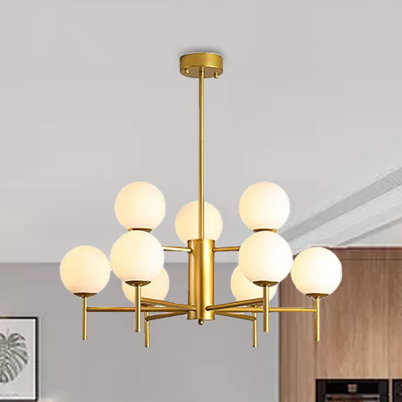 Lustre Globe Contemporain Noir/Or avec Design Radial - 6/8/9 Lumières, Lampe à Suspension en Verre de Lait