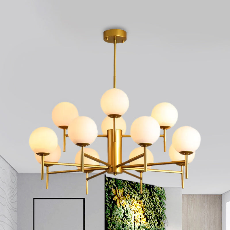 Lustre Globe Contemporain Noir/Or avec Design Radial - 6/8/9 Lumières, Lampe à Suspension en Verre de Lait
