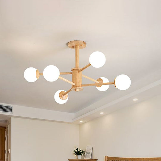 Contemporary Wooden Starburst Chandelier With White Glass Ball Shades - 6/8/12 Lights