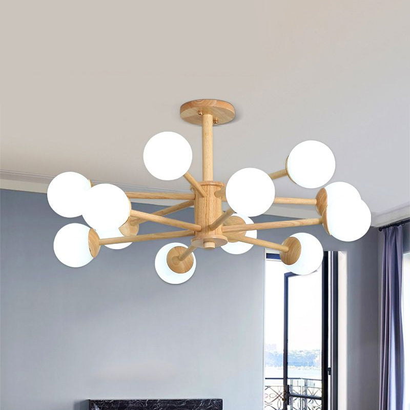 Contemporary Wooden Starburst Chandelier With Glass Ball Shade - Natural Wood Finish 6/8/12 Lights