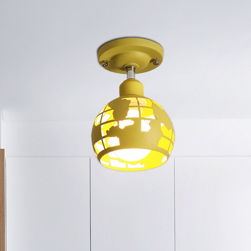 Modern Metal Semi - Flush Light With 1 Head For Hallway - Pink/Yellow/Blue Domed Design