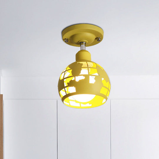 Modern Metal Semi - Flush Light With 1 Head For Hallway - Pink/Yellow/Blue Domed Design