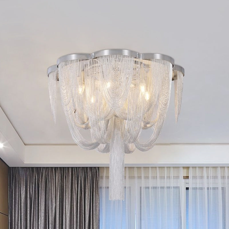 Contemporary Metal Chain Flush Mount Ceiling Light - Silver Finish (4 Lights)