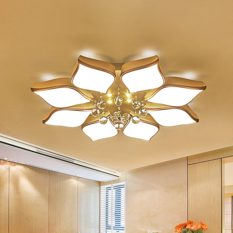Modern White Blooming Flush Mount Ceiling Light With Crystal Drop - 8/10 Heads Warm Ambiance For