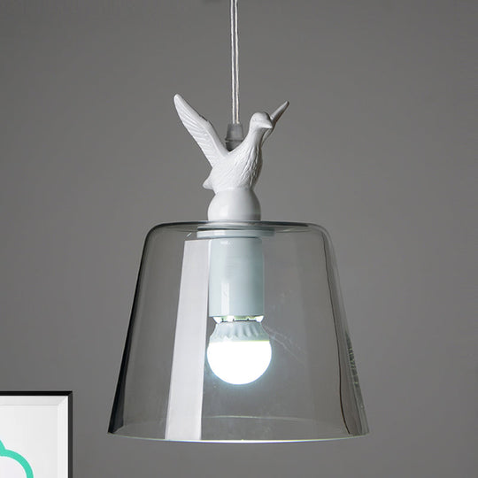 Modernist Pendant Lighting: Cylindrical/Barrel Shaped Hanging Lamp With Clear Glass Bird Design (1/5