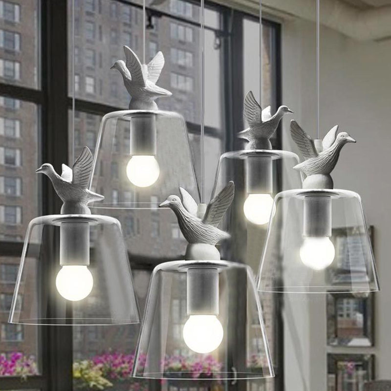 Modernist Pendant Lighting: Cylindrical/Barrel Shaped Hanging Lamp With Clear Glass Bird Design (1/5