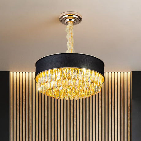 Modern Drum Shape Crystal Chandelier - 9-Light Black/Red/Blue Leatherwear Ceiling Fixture