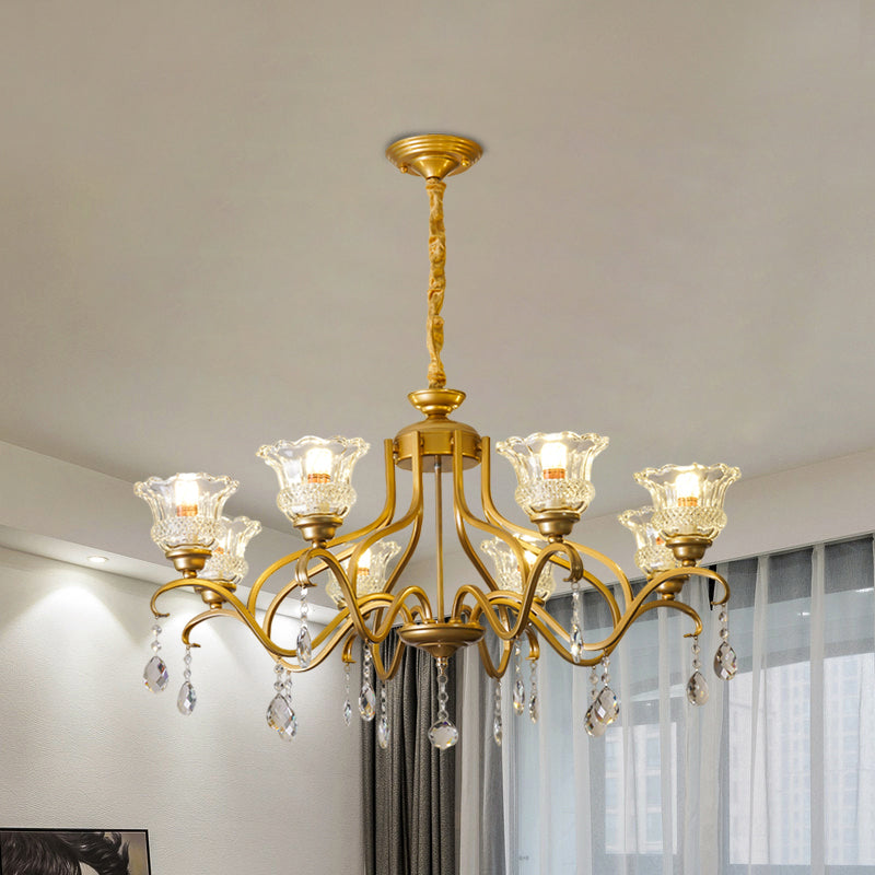 Traditional Crystal Glass Chandelier With Gold Finish - 3/6/8 Lights Floral Shade Elegant