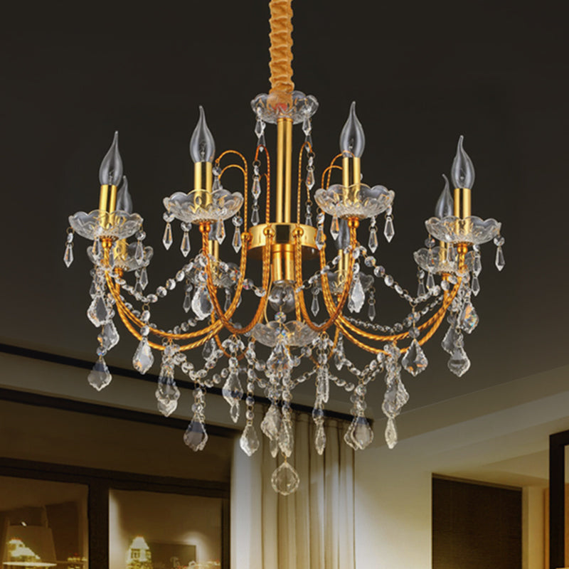 Swag Crystal Strand Candelabra Chandelier - Traditional Metal 5/7/9 Bulbs Gold Hanging Light For