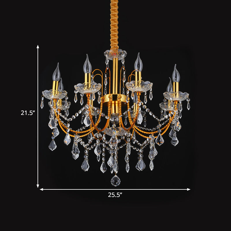 Swag Crystal Strand Candelabra Chandelier - Traditional Metal 5/7/9 Bulbs Gold Hanging Light For