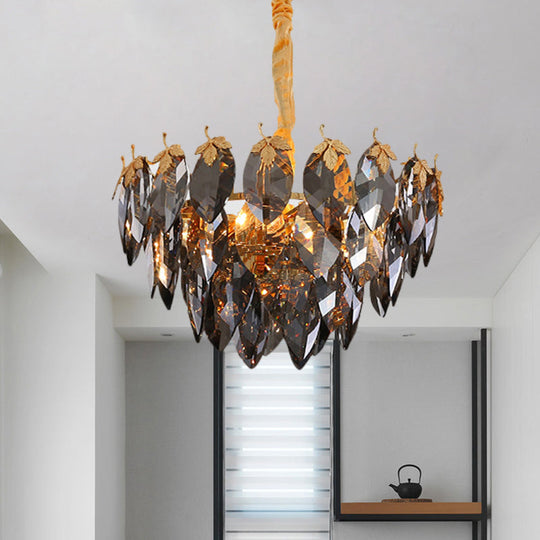 Modern Gold Crystal Leaf Chandelier With Tapered Design - 4 Heads Coffee Shop Suspension Light