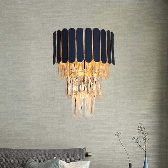 Contemporary Black Tiered Crystal Wall Sconce With 3 Heads - Stylish Living Room Lighting Idea / A