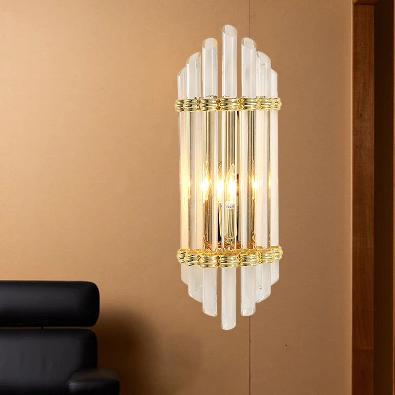 Modernist Gold Wall Sconce Lamp With Arced Crystal Tubes - 2-Light Mount Fixture