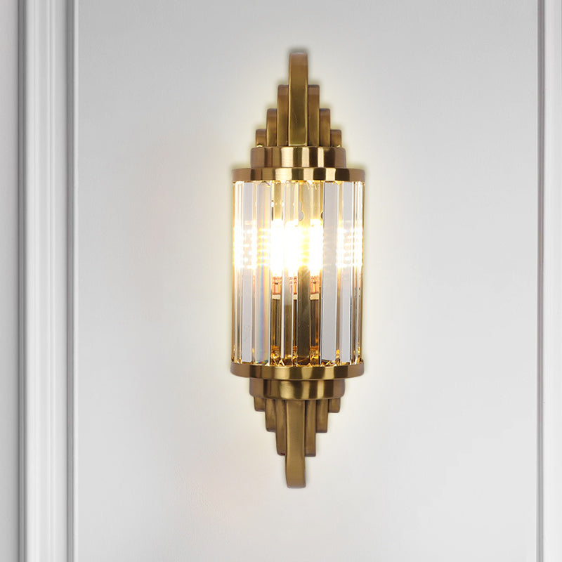 Postmodern Gold Finish Cylinder Wall Sconce With Crystal Prisms - Ideal For Living Room